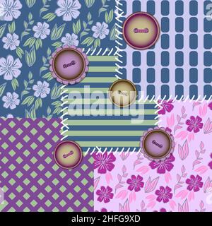 Patchwork seamless pattern. Ornaments, flowers and buttons. Flat style vector illustration. Stock Vector