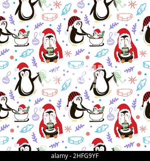 Christmas template with cheerful penguins. Animals performing different actions. Gift, cocoa and walking with a baby. Festive background with hand-dra Stock Vector