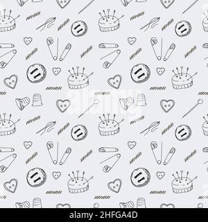 Monochrome seamless pattern of buttons, needles and pins. Needle and thread and needlepoint. Doodle style vector. Buttons of different shapes and size Stock Vector