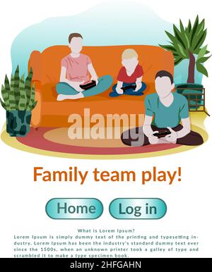 Electronic entertainment vector flat illustration. Father and kids on the couch. Father's Day. Happy family having fun playing video games. Concept of Stock Vector