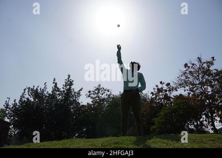 Indian man in action of catching ball in cricket match Stock Photo