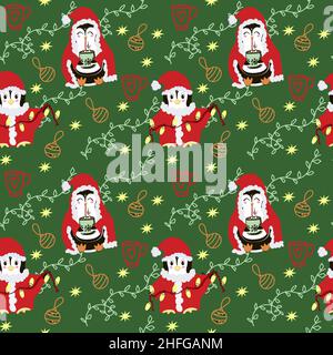 Christmas template with cheerful penguins, Christmas tree toys and garlands. Festive background with hand-drawn elements, cute vector illustration in Stock Vector
