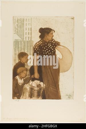 Housewife and Children Returning from the Laundry House, 1899. Stock Photo