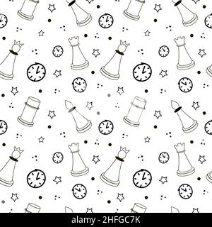 Seamless pattern of cartoon chess game elements. Doodle sketch style. Vector illustration for chess club, banner for tournaments, frame, background fo Stock Vector