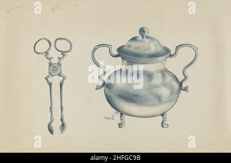 Silver Sugar Bowl and Tongs, c. 1936. Stock Photo