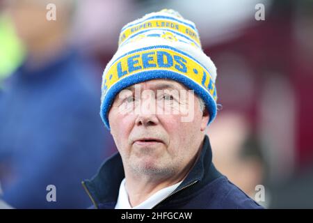 London, UK. 16th Jan, 2022. A Leeds United fan in the ground before the Premier League match at the London Stadium, London. Picture credit should read: Kieran Cleeves/Sportimage Credit: Sportimage/Alamy Live News Stock Photo