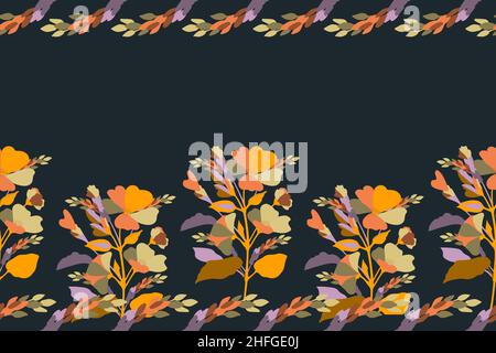 Vector floral seamless pattern, border. Horizontal panoramic design with colorful flowers, spikelets, twigs and leaves. Stock Vector