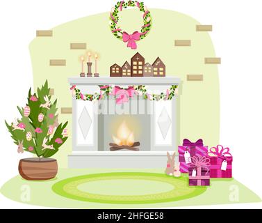 House interior in Easter style. Fireplace with decorative houses, the tree is decorated with bunnies and eggs with patterns. Candles, gifts. Easter wr Stock Vector