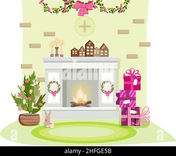 Fireplace with decorative houses, the tree is decorated with bunnies and eggs with patterns. Candles, boxes with gifts. Easter decorations on the wall Stock Vector
