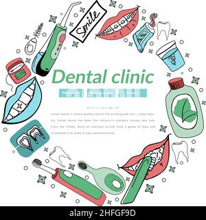 Woman dentist and patient during dental procedure. Dental office, tools and equipment. Doodle concept of dentistry for web banner, hero images and pri Stock Vector