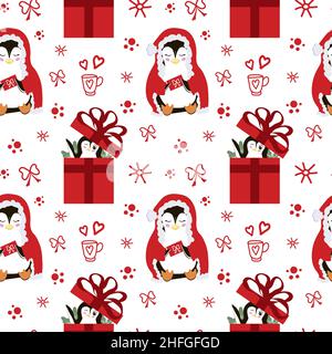 Christmas pattern with cute penguins. Festive background with hand drawn elements, vector illustration in flat style. Stock Vector