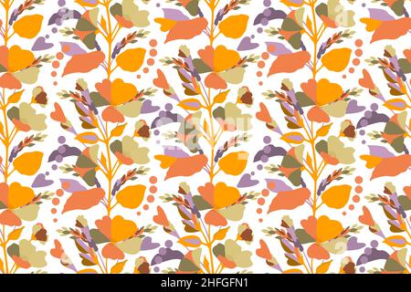 Vector floral seamless pattern. Multicolored flowers, spikelets, twigs and leaves on a white background.  Stock Vector