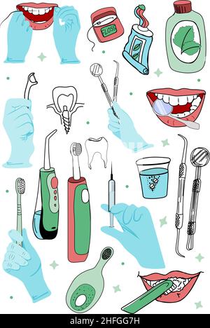 Stomatology concept. Dental healthcare. Dentist hold instruments in hands of examining patient's tooth. Vector illustration flat design. Isolated on b Stock Vector