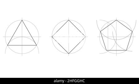 geometry lesson, technical geometric construction of a equilateral triangle, square and pentagon, two-dimensional shapes geometric drawing in black Stock Vector