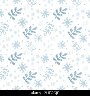 Winter Seamless Pattern. Christmas print. Snowflakes, tree netting, stars, little hearts and balloons. Pastel palette. Stock Vector