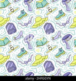 Seamless pattern of hand-drawn elements on white background. Clothes for charity. Second hand clothing idea. Stock Vector