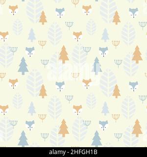 Fox cartoon and forrest seamless pattern. Autumn and winter pattern design with foxes and trees. Stock Vector
