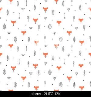 Red fox cartoon and forrest seamless pattern. Ethnic design with fox, feather and leaves, orange and black color. Stock Vector