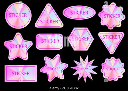 Set of different shapes holographic gradient sticker label in pink gradient. Black background. Vector web design illustration for modern trend design. Stock Vector