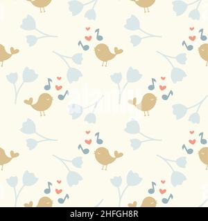 Cute bird music notes seamless pattern. Colorful songbirds and flowers print for paper or fabric. Stock Vector