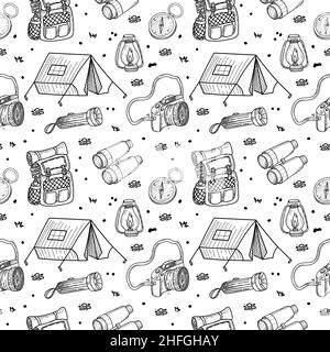 A seamless pattern of hand-drawn doodle-style elements. Illustration for local tourism. Vector image of hiking on white background. Stock Vector