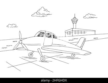 Airport exterior plane takes off graphic black white sketch illustration vector Stock Vector