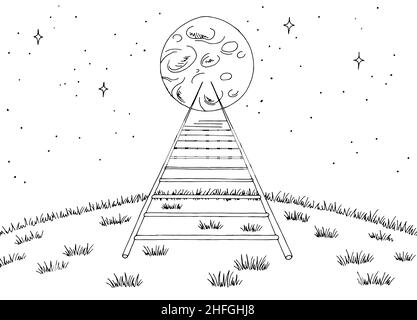 Ladder to the moon landscape graphic black white sketch illustration vector Stock Vector