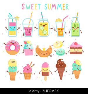 Big set funny sweet food characters. Stock Vector