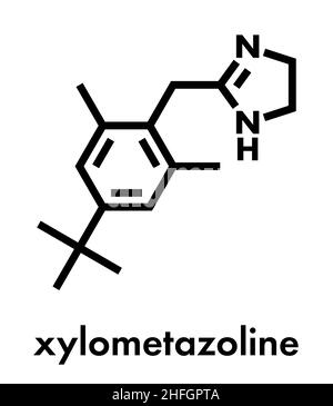 Xylometazoline nasal decongestant molecule. Often used in nose spray and nose drops. Skeletal formula. Stock Vector