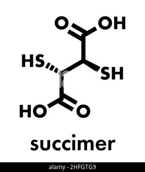 Succimer (dimercaptosuccinic acid, DMSA) lead poisoning drug molecule. Antidote used in heavy metal poisoning; acts by forming chelates with metals. S Stock Vector