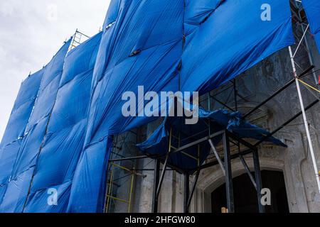 Construction tarps cover work being done to restore the Cathedral of the Assumption of Mary in Leon, Nicareagua.  Work done in 2015. Stock Photo