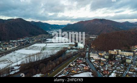 Aerial view of Gratkorn and Gratwein area in winter during sunset near of Graz Stock Photo
