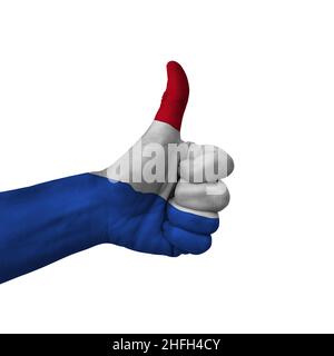 Hand making thumbs up sign, netherlands painted with flag as symbol of thumbs up, like, okay, positive  - isolated on white background Stock Photo