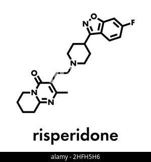 Risperidone antipsychotic drug molecule. Used in treatment of schizophrenia, bipolar disorder and related conditions. Skeletal formula. Stock Vector