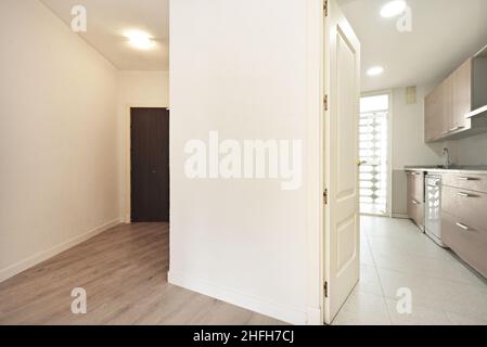 Entryway and foyer with door to kitchen with cherry cabinets, white countertop, gray appliances in short term rental apartment Stock Photo