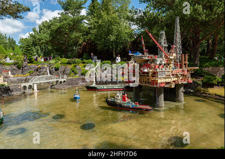 Billund, Denmark - June 25 2011: Dong oil rig built in Lego at Legoland Billund Stock Photo