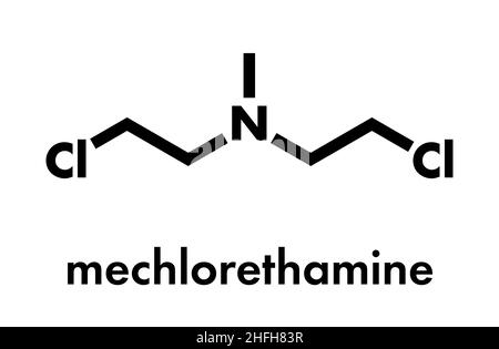 Chlormethine (mechlorethamine, mustine, HN2) cancer chemotherapy drug molecule. Nitrogen mustard compound also used a blister agent (chemical weapon). Stock Vector