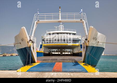 Kerkyra, Corfu, Greece - August 10, 2021: Nanth ferry ship ready for loading with open bow in passenger port of Corfu. Stock Photo