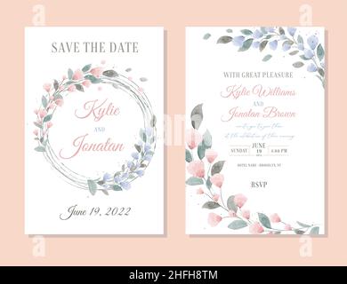 Wedding invitation card template set with beautiful floral leave