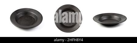 A set of three different angles of a black old plate. Stylized tableware. Stock Photo