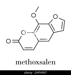 Methoxsalen (psoralen) skin disease drug molecule. Used in PUVA therapy in combination with UVA radiation. Skeletal formula. Stock Vector