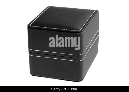 black leather box with stitched stitching and rounded corners for jewelry gifts and wrist watch accessories, object isolated on white background witho Stock Photo