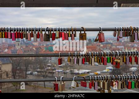 love locks in Erfurt with the cathedral square in the Background Stock Photo