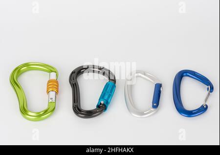 Carabiners with  screw lock, with automatic twist lock, with straight gate and wire gate. Stock Photo
