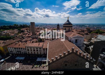 Panoramic aerial view from the tower Campanone with the church Bergamo Cathedral, Duomo di Bergamo, Cattedrale di Sant'Alessandro. Stock Photo