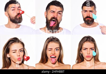 Set of different emotions man and woman. Face expression. Emotions collage. Feeling and emotion. Stock Photo