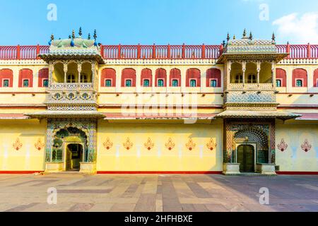 Chandra Mahal in City Palace, Jaipur, India. It was the seat of the Maharaja of Jaipur, the head of the Kachwaha Rajput clan. The Chandra Mahal palace Stock Photo