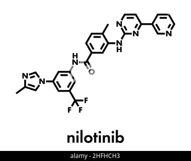 Nilotinib cancer drug molecule (tyrosine kinase inhibitor). Skeletal formula. Stock Vector