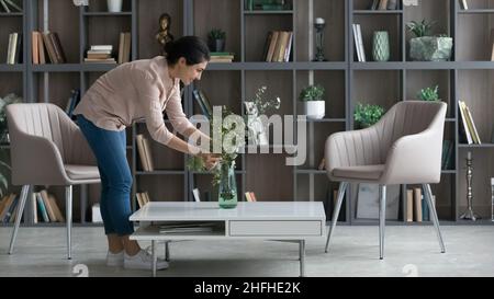 Happy tidy young Indian woman improving interior. Stock Photo