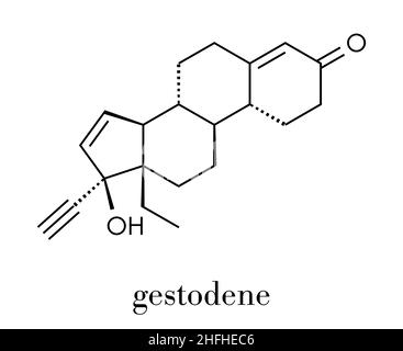 Gestodene progestogen hormonal contraceptive drug molecule. Skeletal formula. Stock Vector